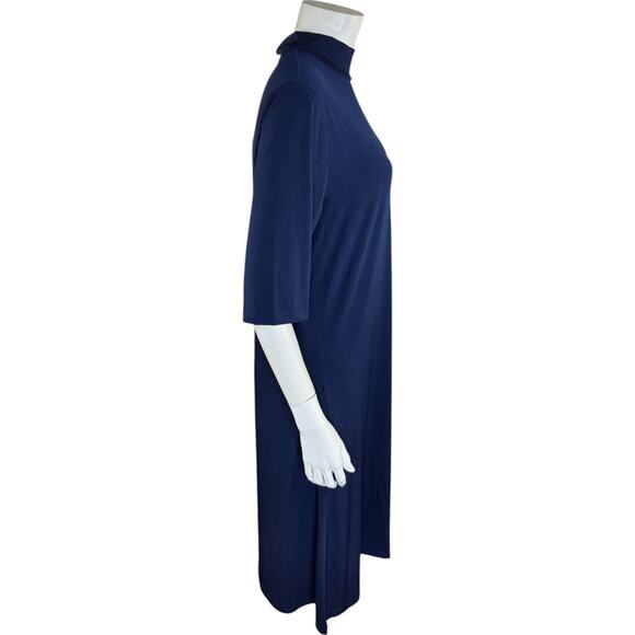 Susan Graver Liquid Knit Mock-Neck Elbow-Sleeve Dress Navy Large - Picture 12 of 16